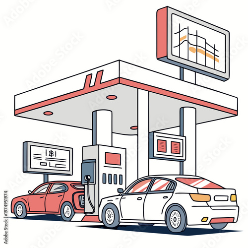 An illustrated gas station with two cars refueling displaying price information and a modern architectural style high quality professional detailed