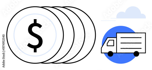 E-commerce, shipping, logistics, transportation, financial services, online transactions. Stack of coins with a dollar sign next to a delivery truck icon. E-commerce and shipping concept