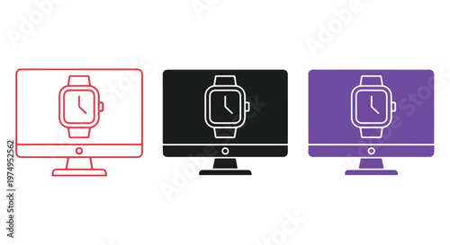 Smartwatch icons on computer monitors in red, black, and purple colors