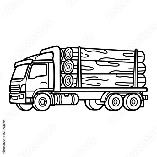 Line art illustration of a truck transporting logs on a clear background
