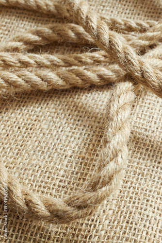 Close-up of twine on burlap representing sustainable packaging material