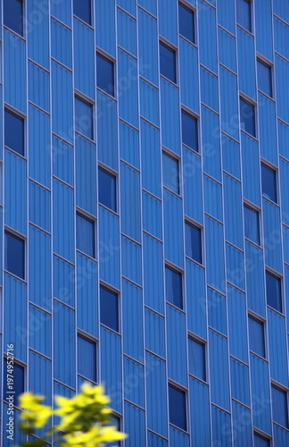 Windows on a blue skyscraper wall with yellow blurred flowers low angle view