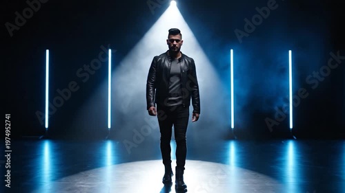 A stylish man in a leather jacket walks forward through a dark studio filled with blue neon lights and thick atmospheric smoke