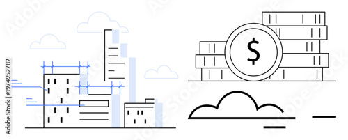 Urban planning, architecture, investment, property market, financial growth, economic concepts. Modern city development with buildings and a money symbol. Urban planning and financial growth ideas