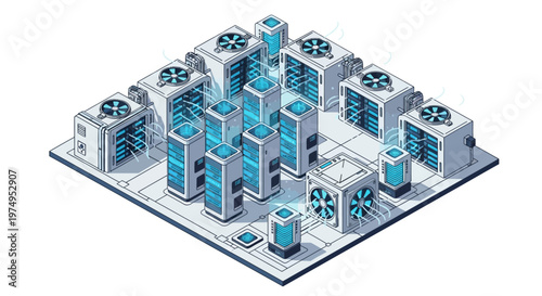 Isometric Illustration of a Modern Data Center with Server Racks and Cooling Systems for Cloud Computing and Big Data Infrastructure