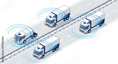 Autonomous Connected Trucks Driving on Highway Isometric Illustration, Smart Logistics and Future Transportation Concept