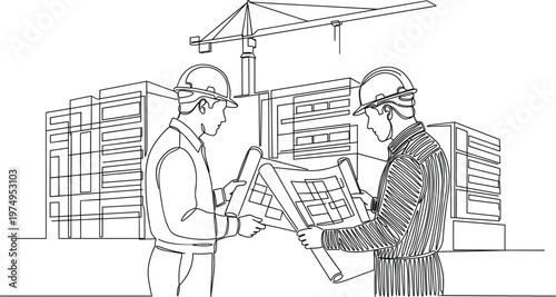 Engineers reviewing architectural blueprints at construction site with crane and buildings representing planning development and structural design process