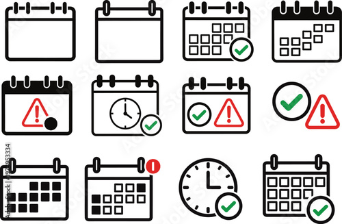 Calendar icons set scheduling events time management and reminders