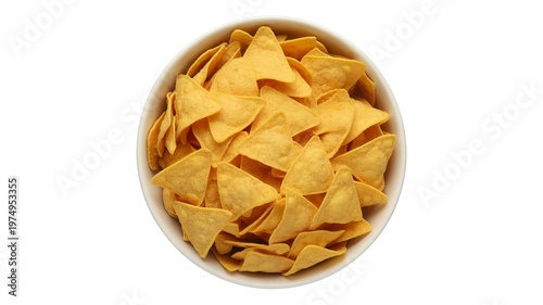 Top down view of a white ceramic bowl filled with yellow tortilla chips nachos corn chips