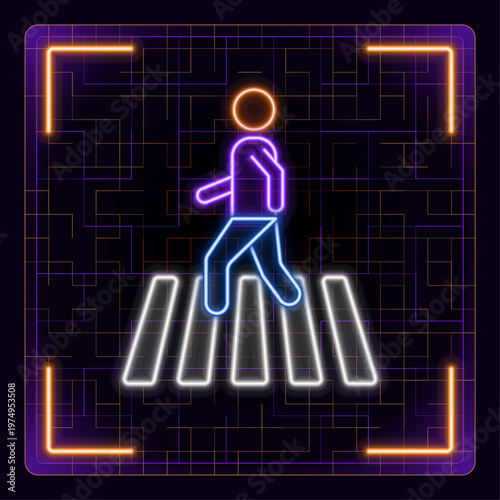 Pedestrian crossing crosswalk icon illustration. Glowing neon icon with border grid vector.