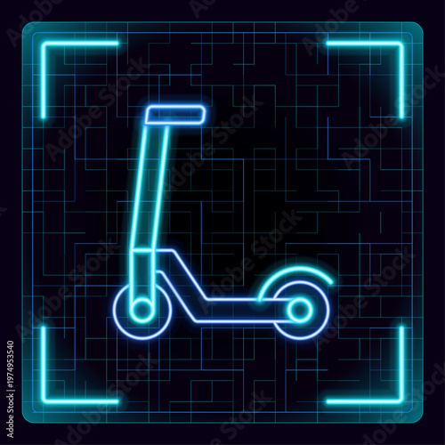 Eletric scooter icon, kick scooter illustration. Glowing neon icon with border grid vector.