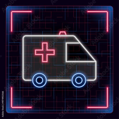 Ambulance icon, emergency medic care support. Neon glow editable icon design.