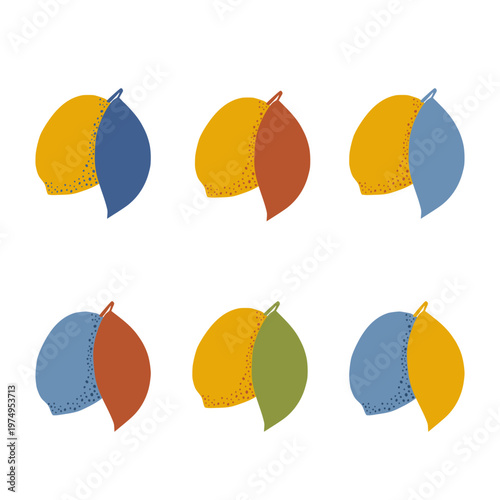 Set of abstract lemons in flat style with modern color palette. Minimal vector illustration isolated on light background, perfect for kitchen decor and packaging design.