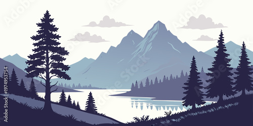 A serene vector illustration of a mountain landscape with a lake and trees in a minimalist style