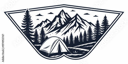 A minimalist vector graphic illustration of a camping scene in a mountainous landscape with a tent and trees.
