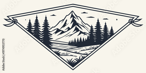 A minimalist vector graphic illustration of a mountain landscape with trees and a triangular design
