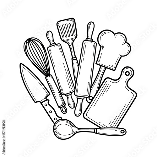 Vintage baking tools collection a hand drawn sketch of culinary utensils
