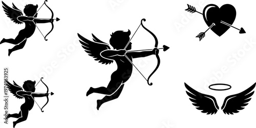 cupid icon set. Cupid silhouette shooting arrow, isolated on white background, love and valentine's day sign and symbol. vector illustration