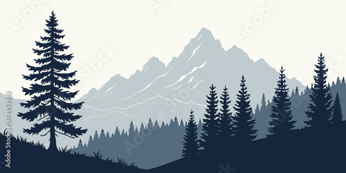 A minimalist vector graphic illustration of a mountain landscape with pine trees in a flat design style