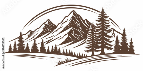 A minimalist vector graphic illustration of a mountain landscape with pine trees in a flat design style