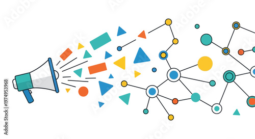 A megaphone emitting colorful geometric shapes and symbols.