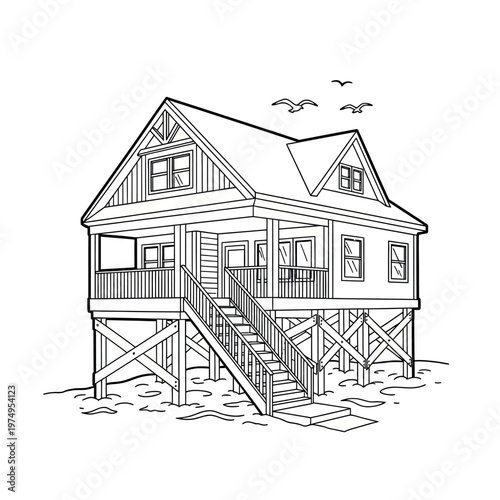 Sketch of a charming coastal house on pilings with detailed architecture