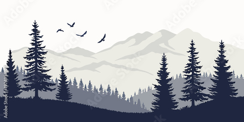 A minimalist vector graphic illustration of a serene mountain landscape with pine trees and flying birds
