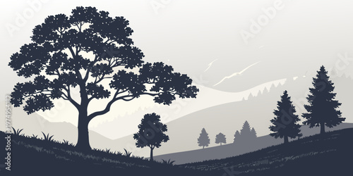 A serene landscape illustration featuring a silhouette of trees on a hill with mountains in the background