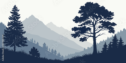 Bilde på lerret A serene vector graphic illustration of a mountain landscape with trees in a min