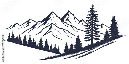 A minimalist vector graphic illustration of a mountain range with pine trees in a flat design style