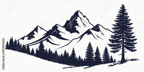 A minimalist vector graphic illustration of a mountain range with pine trees in a flat design style