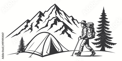 A minimalist black and white illustration of a hiker with a backpack and trekking poles walking towards a tent in front of a mountain range.