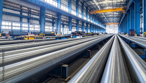 Rows of metallic pipes shine in a blue-toned factory, bathed in natural light, casting shadows on the floor