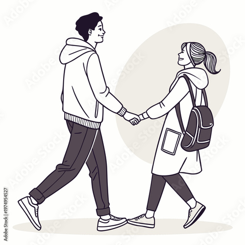 A young couple joyfully walks hand in hand enjoying each other s company in a simple illustrated style with a neutral backdrop