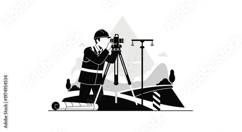 Professional land surveyor meticulously uses a precision theodolite instrument to measure terrain for a new road project in this detailed monochrome scene.