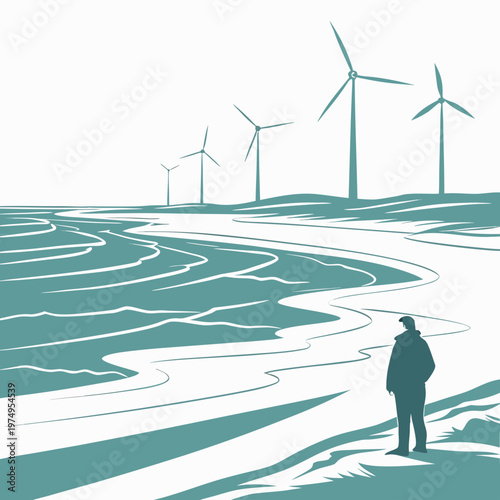 A solitary figure stands on a sandy shore gazing towards a distant field of towering wind turbines high quality professional