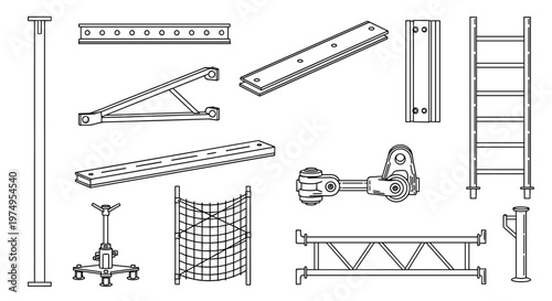 Detailed technical diagram illustrates various essential scaffolding components including sturdy ladders and safety netting for high-altitude construction work.