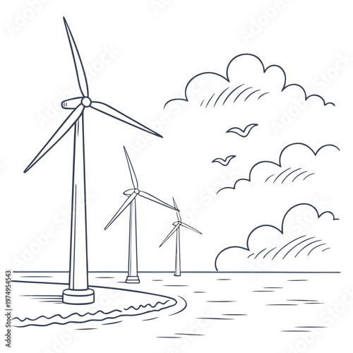 A simple line drawing depicts wind turbines in a rural landscape with clouds birds and a watery horizon high quality