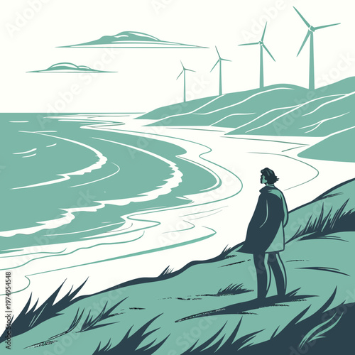 A solitary figure overlooks a serene coastal landscape featuring rolling hills wind turbines and a calm curving shoreline high quality