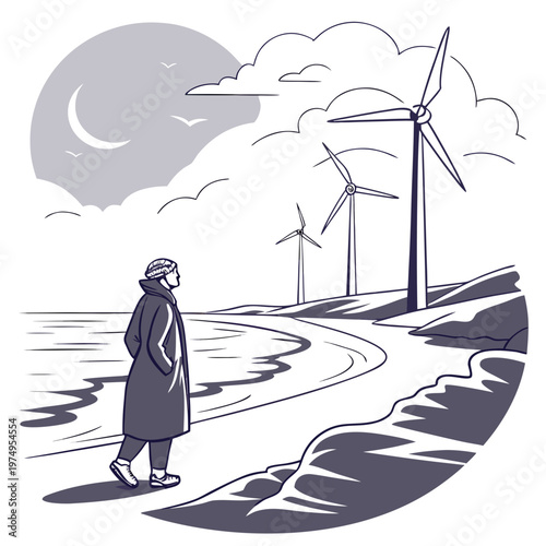 A solitary figure walks along a shoreline observing wind turbines under a crescent moon and cloudy night sky high quality