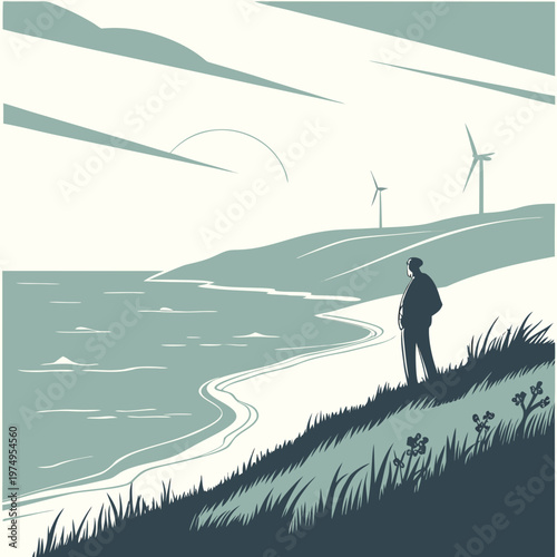 A solitary figure stands overlooking a coastal landscape with rolling hills wind turbines and a serene minimalist seascape high quality
