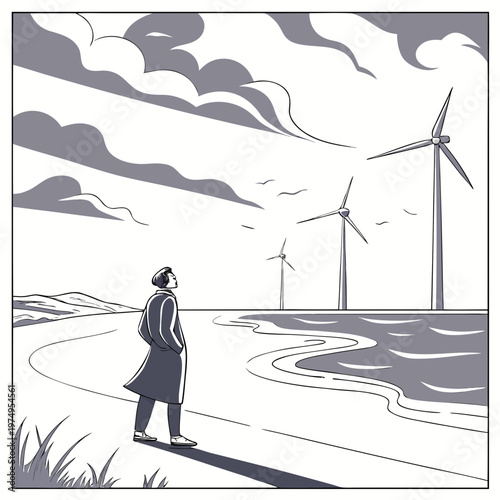 A contemplative figure gazes towards a field of wind turbines beneath a cloudy stylized sky near a body of water