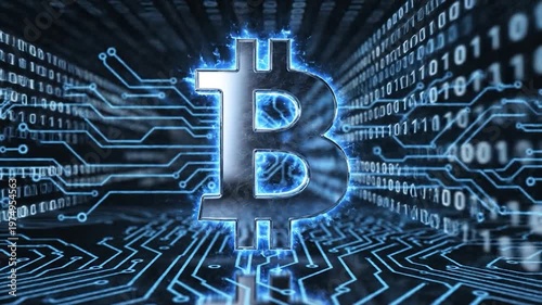 A glowing metallic currency symbol floats above a complex digital circuit board background with binary code