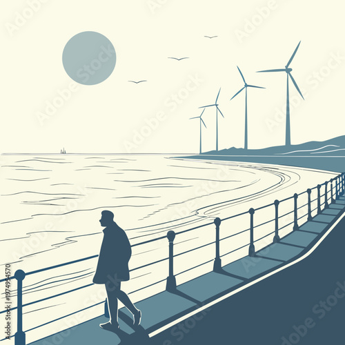 A solitary figure walks along a coastal promenade with wind turbines and a large sun in the background high quality