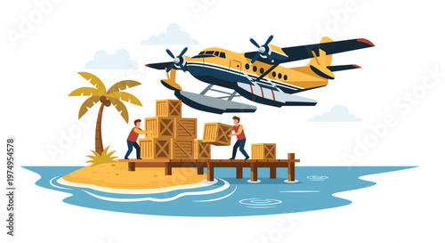 A vibrant yellow and blue seaplane glides over a pristine tropical island while diligent workers organize wooden cargo crates on a rustic wooden pier.