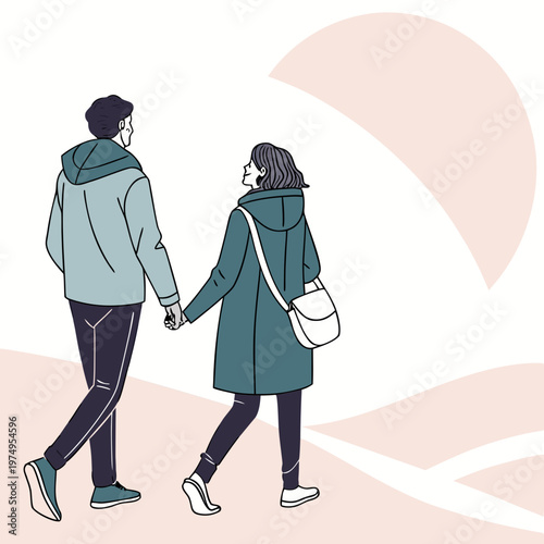 A couple walks hand in hand along a path viewed from behind with a large pale pink semi circle in the background