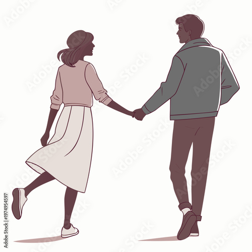 A digitally illustrated couple walks hand in hand viewed from behind showcasing a tender moment and connection high quality professional