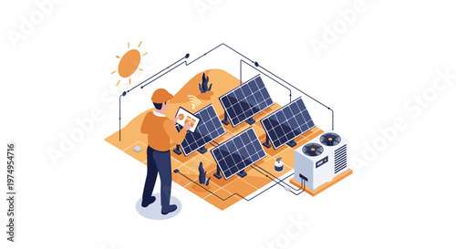 A skilled technician wearing a bright orange safety vest monitors a modern solar panel installation and cooling system using a wireless digital tablet device.