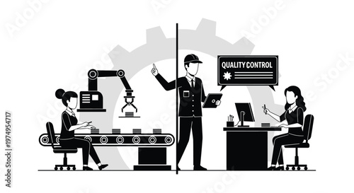 A detailed black and white illustration of professional factory workers and precise robotic arm conducting quality control inspections on an assembly line.