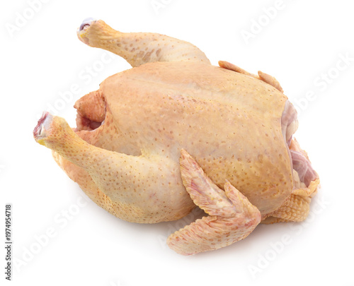 Raw whole chicken carcass on a white background.